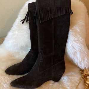 Anne Klein Fringed Chocolate Suede Boots